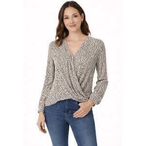 Ann Taylor XS Women Beige Black Animal Print Long Sleeve Faux Wrap Blouse E